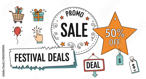 A playful illustration of online shopping and festive sales, conveying a sense of excitement and savings.