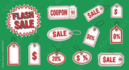A vibrant illustration of discount tags and a flash sale sign, perfect for marketing and advertising materials to grab attention and convey a sense of