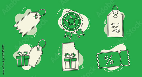 A playful illustration of gift tags and a present, conveying a sense of celebration and gifting.