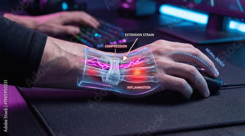 Wrist pain medical illustration showing carpal tunnel and inflammation from gaming mouse use.