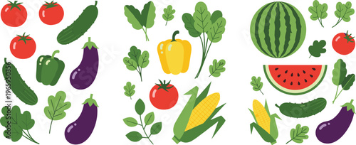 Fresh vegetables and fruits collection with tomato cucumber eggplant corn watermelon and greens in flat vector style, healthy organic food illustration isolated on white background