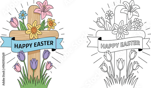 Happy, Easter, wooden, cross, with, spring, flowers, and, blue, ribbon, banner, religious, coloring, page, for, kids, christian, holiday, activity, illustration.