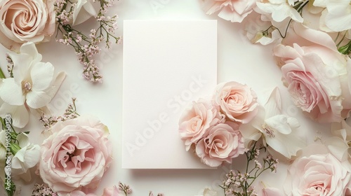 A wedding invitation card set against a backdrop of soft pastel flowers, showcasing romantic typography.