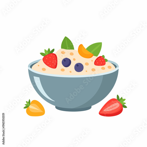 Oatmeal bowl with fresh fruit, healthy breakfast illustration, berries, peach slices, and leaves, white background
