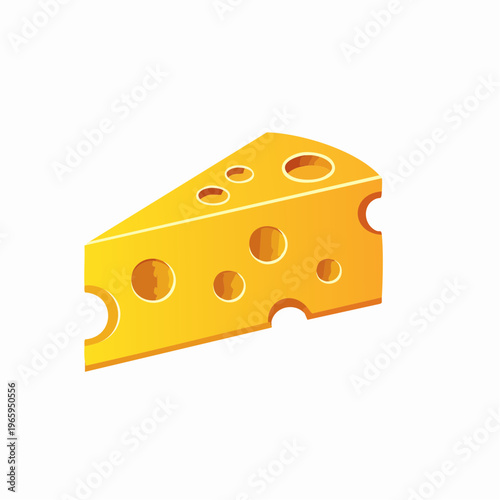 Golden cheese slice illustration, wedge of yellow swiss cheese with holes, white background, dairy product, food industr