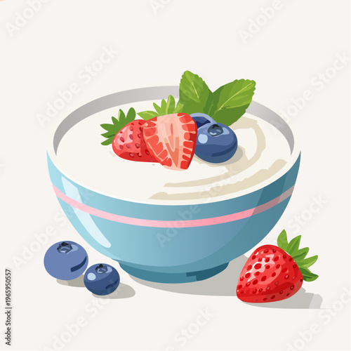 Creamy yogurt bowl with berries and mint, healthy breakfast illustration, fresh fruit dessert, white background