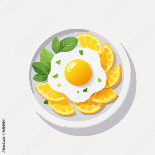 Fried egg with lemon slices and spinach on plate, vector illustration, egg yolk, food and drink, sunny side up