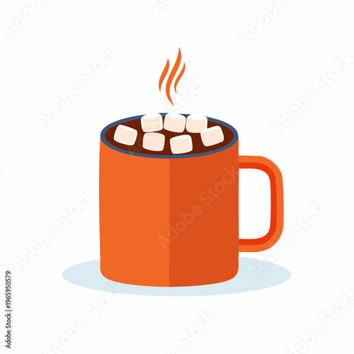 Warm mug of hot chocolate with marshmallows and steam, vector illustration on white background, beverage container