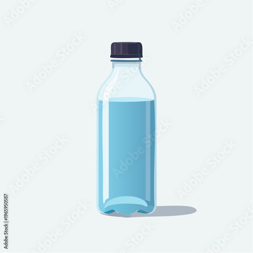 Clear plastic bottle of fresh water with dark cap, isolated on light background, clean, refreshing, and simple