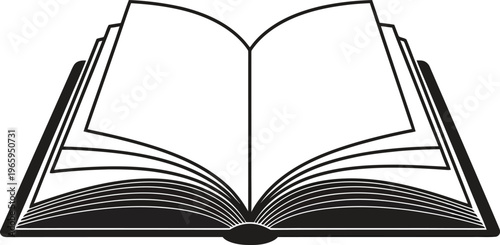 A simple black and white line art illustration of an open book isolated on a plain white background Vector