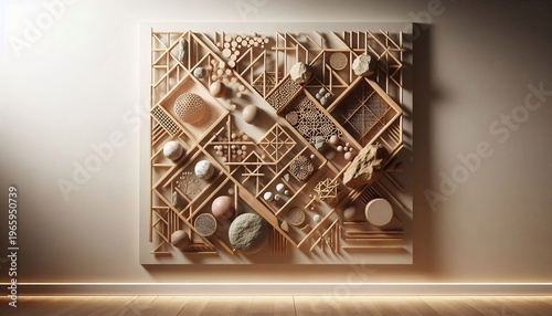 Intricate Geometric Wood Sculpture with Spherical Elements.