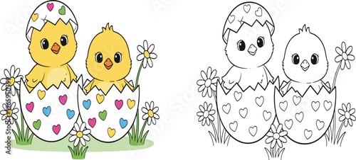  Two cute yellow baby chicks hatching from colorful heart patterned Easter eggs with spring daisies illustration for holiday coloring book design.