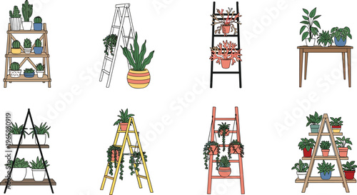 Set of Plant Display Shelf Icons with Different Potted Plants and Ladders in Minimalist Style