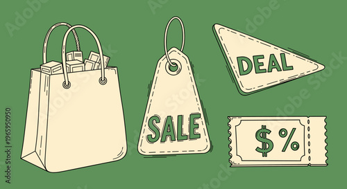 An illustration of a paper shopping bag filled with boxes on a green background, evoking a sense of eco-friendly shopping and sustainability.