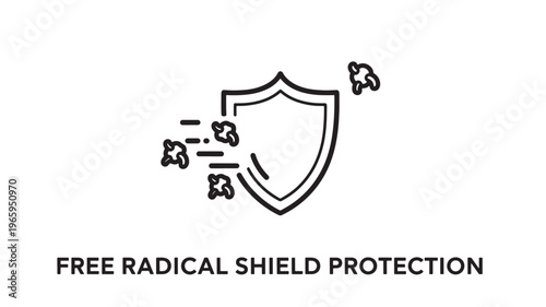 Clean and modern black line art illustration depicting a shield blocking free radicals, ideal for health, wellness, and scientific marketing materials, infographics, and educational content.