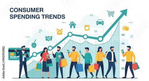 People shopping with rising consumer spending trends graph
