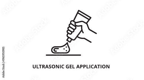 Minimalist black and white line art showing a hand applying ultrasonic gel before a medical ultrasound scan. Ideal for healthcare, wellness, and educational materials.