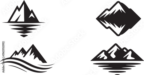 Minimalist mountain silhouette logos showing rocky peaks and water waves for outdoor recreation and tourism identity branding set.
