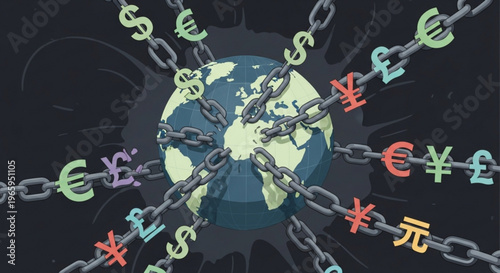 Global economy crisis concept with chained world map surrounded by colorful currency symbols on dark background