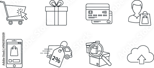 E-commerce and Shopping Icon Set Featuring Cart, Discount, Payment, Gift, and Delivery for Websites, Apps, and Digital Media