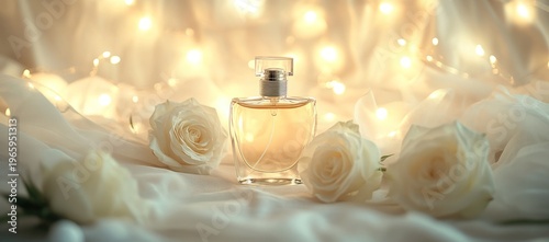 Luxury Perfume Bottle with White Roses, Soft Fabric, and Warm Glowing Bokeh Lights