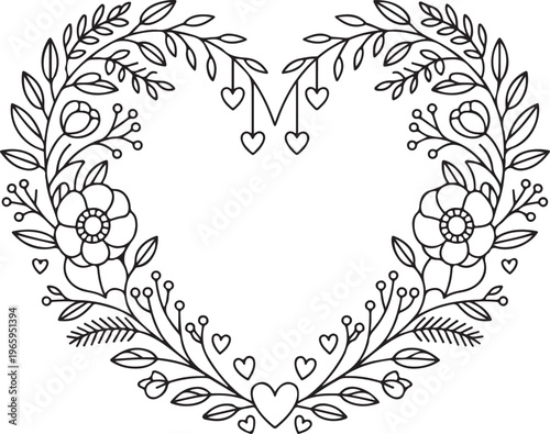 Large heart shaped floral frame with abundant foliage and detailed flowers perfect for elaborate wedding invitations and romantic decor.