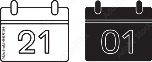 Two calendar with the numbers twenty one and zero one in black and white outline and solid fill styles
