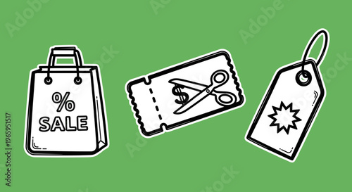 A stylized illustration of a shopping bag with a sale sign, conveying a sense of discount and shopping excitement.