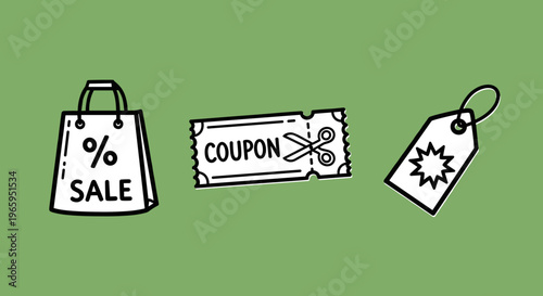 A simple illustration of a shopping bag with a sale sign and a coupon on a green background, conveying a sense of bargain and savings.