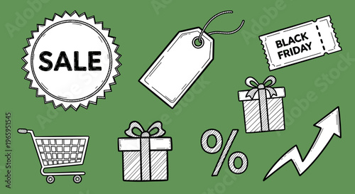 A playful illustration of shopping icons including a sale badge, shopping cart, and gift box on a green background, evoking a sense of excitement and 
