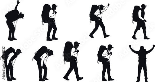 Black silhouettes of hikers with backpacks walking climbing and resting isolated on white background for travel outdoor adventure trekking and active lifestyle vector illustration