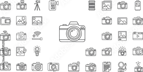 Photography and Camera Icon Set Featuring Lens, Tripod, Image, Video, and Editing Tools for Websites, Apps, and Digital Media