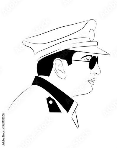 Stylish officer in profile view. Sunglasses and cap give him a cool, authoritative look. His uniform suggests law enforcement or security role. Image conveys discipline, vigilance, and readiness