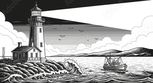 Coastal lighthouse and fishing boat illustration with ocean waves and birds