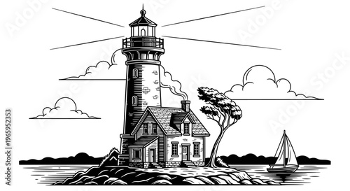 Coastal lighthouse illustration beacon of light and nautical scene