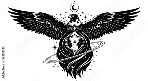 Woman with eagle and celestial elements vector illustration isolated