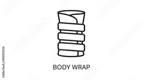 Clean and modern black and white line drawing depicting a body wrap treatment, ideal for wellness, spa, beauty, and holistic health marketing materials.