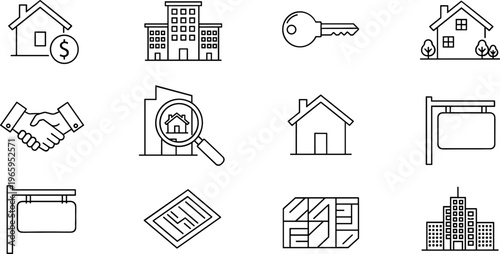 Real Estate Icon Set Featuring House, Building, Key, Sale, Contract, Property, and Search for Websites, Apps, and Digital Media