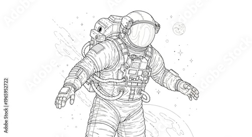 Astronaut in spacesuit exploring cosmos with planets and stars illustration