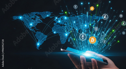 Hand holding smartphone with glowing cryptocurrency symbols and world map on screen in dark background