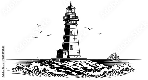 Black and white illustration of a lighthouse on rocky shore with seabirds