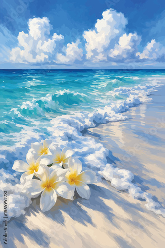 White plumeria frangipani flowers on a tropical sandy beach with turquoise ocean waves and white clouds in a clear blue sky summer vacation concept for relaxation travel and spa destinations