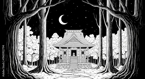 Black and white illustration of a shrine in a forest at night