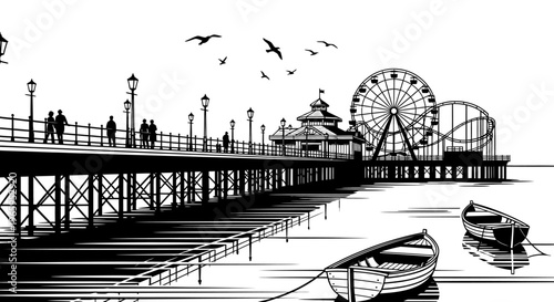 Black and white pier scene with ferris wheel and boats under dramatic sky