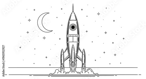 Black and white rocket launching into space with moon and stars illustration