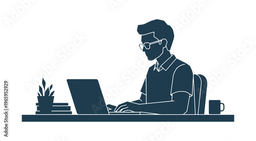 Silhouette of businessman with glasses working on laptop at desk with plant and coffee mug illustration