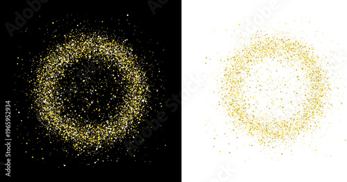 Golden glitter circle ring with sparkling particle halo abstract frame on dark and light background