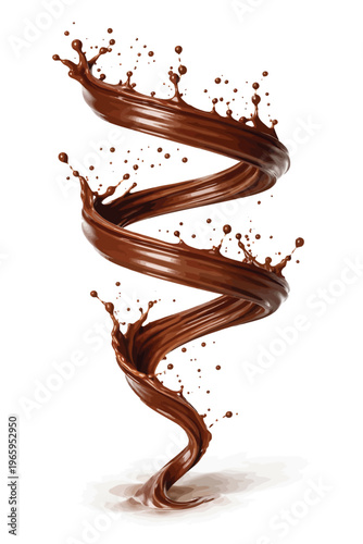 Dynamic spiral swirl of liquid dark chocolate with splashes and droplets isolated on a white background for food product advertisement and confectionery dessert concept graphic designs with 3D render