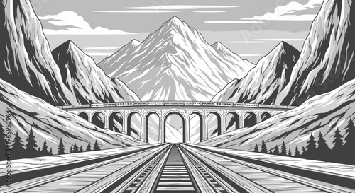 Black and white railway bridge through mountains landscape vector