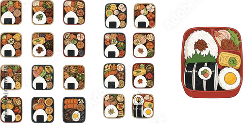 Japanese bento box collection with rice sushi meat vegetables and traditional lunch sets in flat vector style, Asian food meal icons isolated on white background